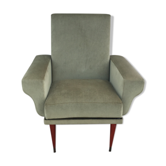 Fauteuil vintage en velours vert amande