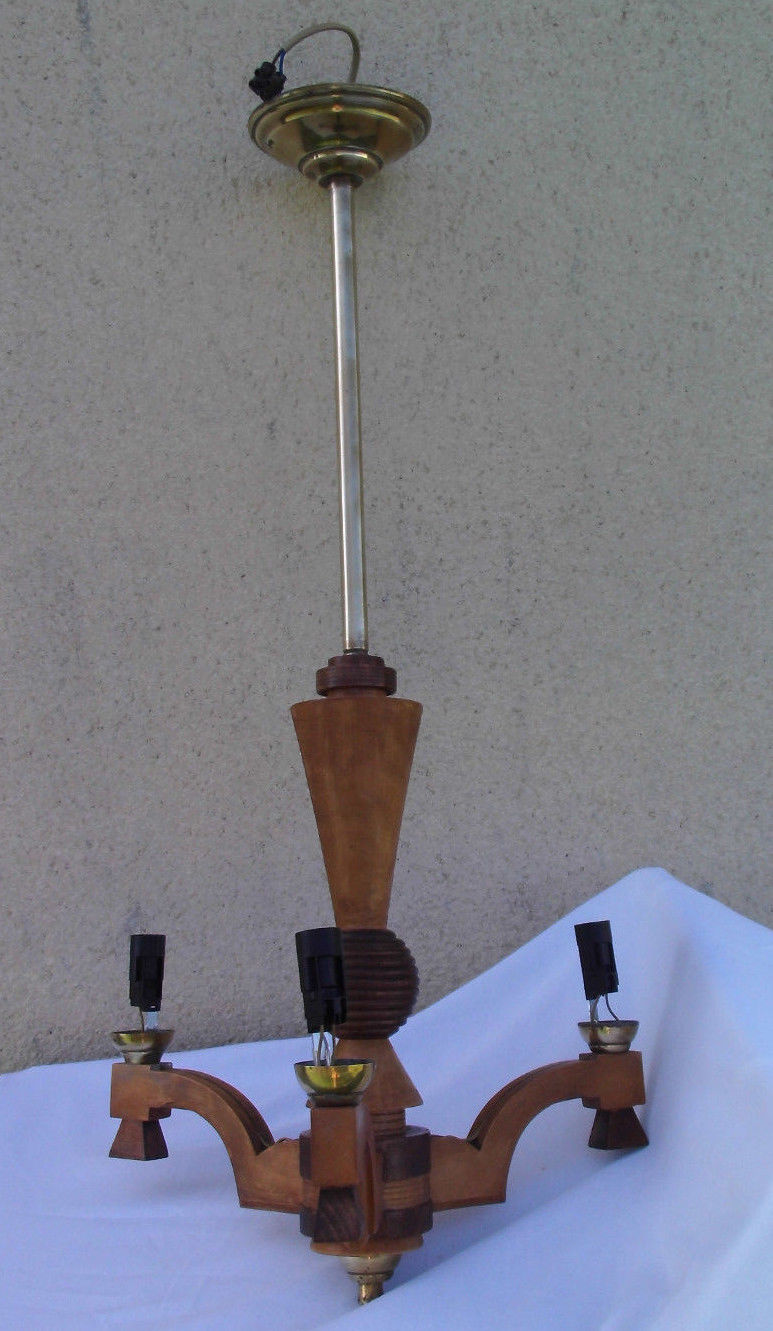 Old chandelier 3 lights wooden art deco suspension