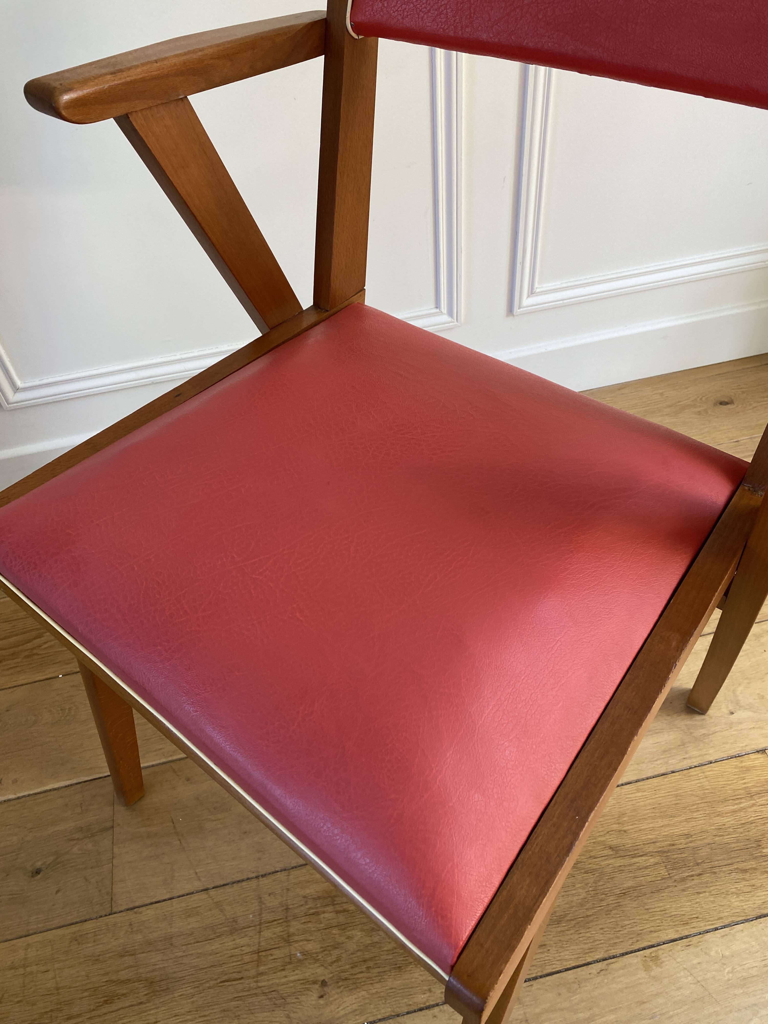 Vintage armchair from the 50s/60s – wood & red faux leather – Scandinavian style