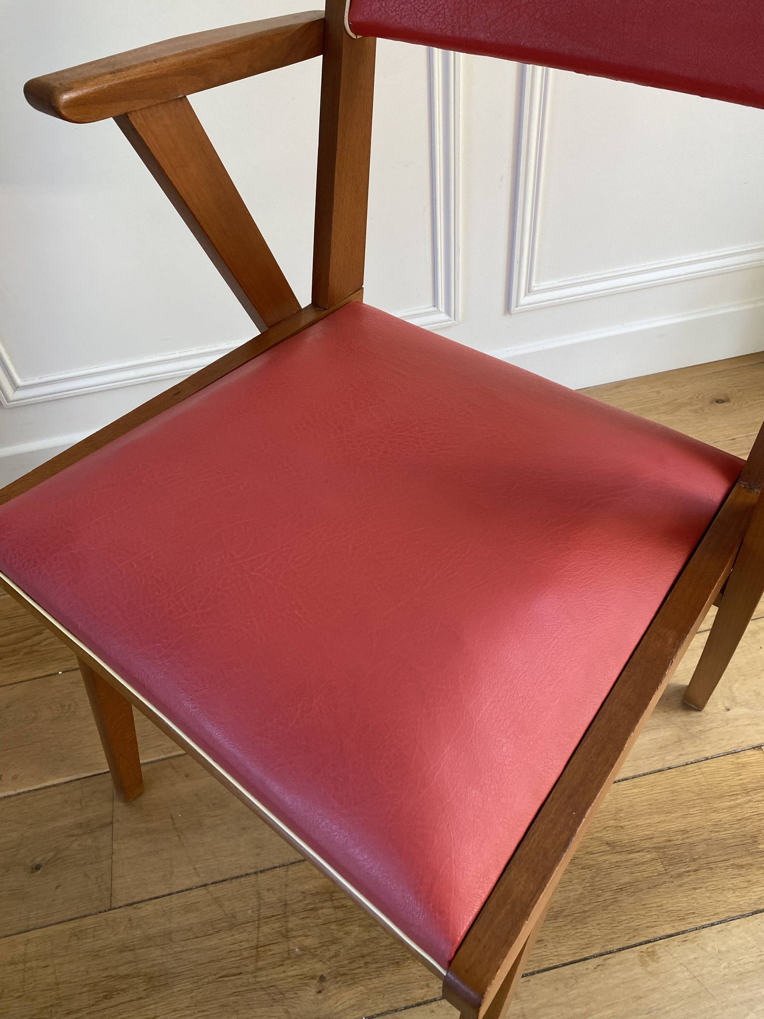 Vintage armchair from the 50s/60s – wood & red faux leather – Scandinavian style