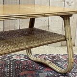Coffee table from the 70s, rattan and tanned shelf