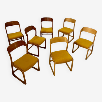 Set of 7 Baumann sled chairs in wood and mustard yellow fabric, 1960s