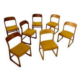 Set of 7 Baumann sled chairs in wood and mustard yellow fabric, 1960s