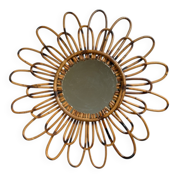 Miroir soleil en rotin des années 50 France