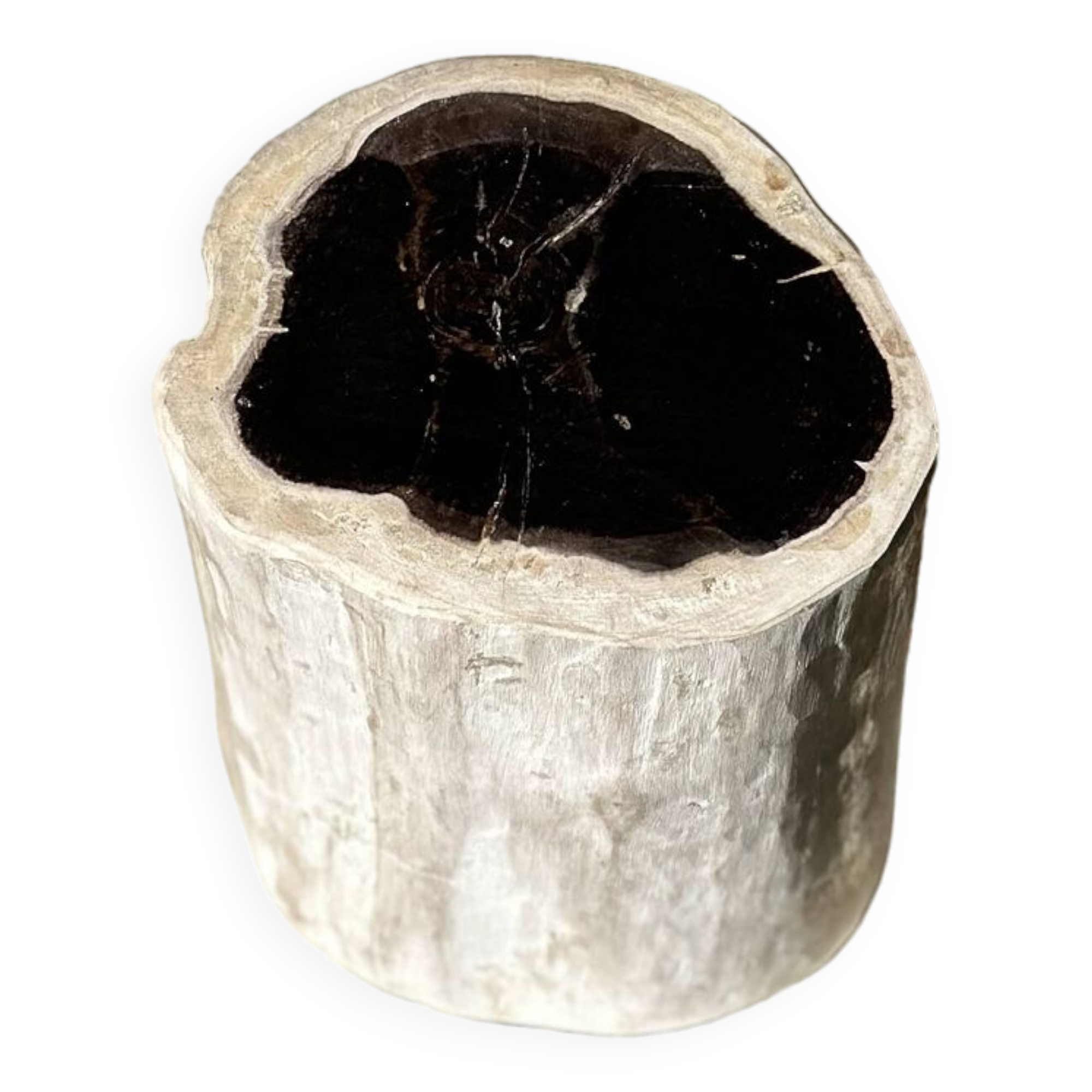 Petrified wood side table white tower black heart H:36cm D:17cm