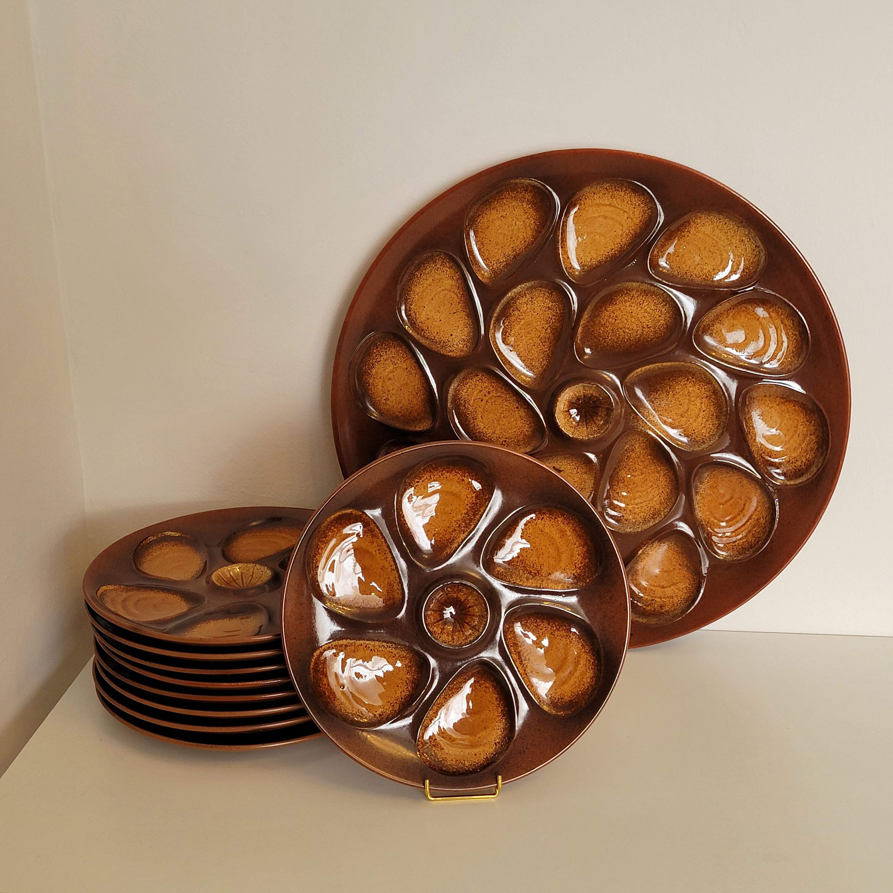 Vintage oyster service Salins earthenware France 9 plates and dish