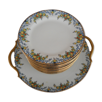 Service à dessert ancien plat et 12 assiettes en porcelaine de Limoges