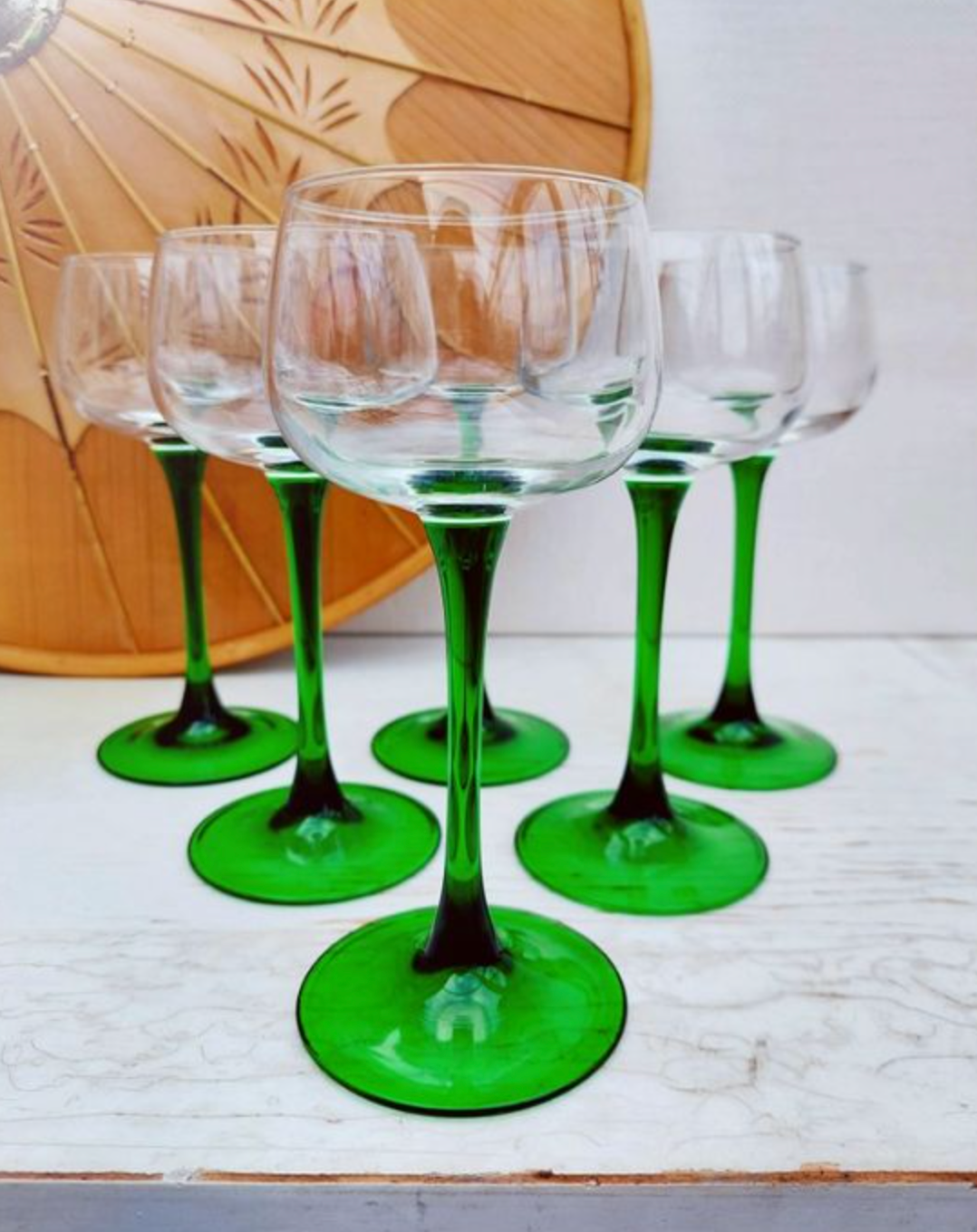Lot De 6 Verres à Vin - Pied Vert - Verre - Occasion