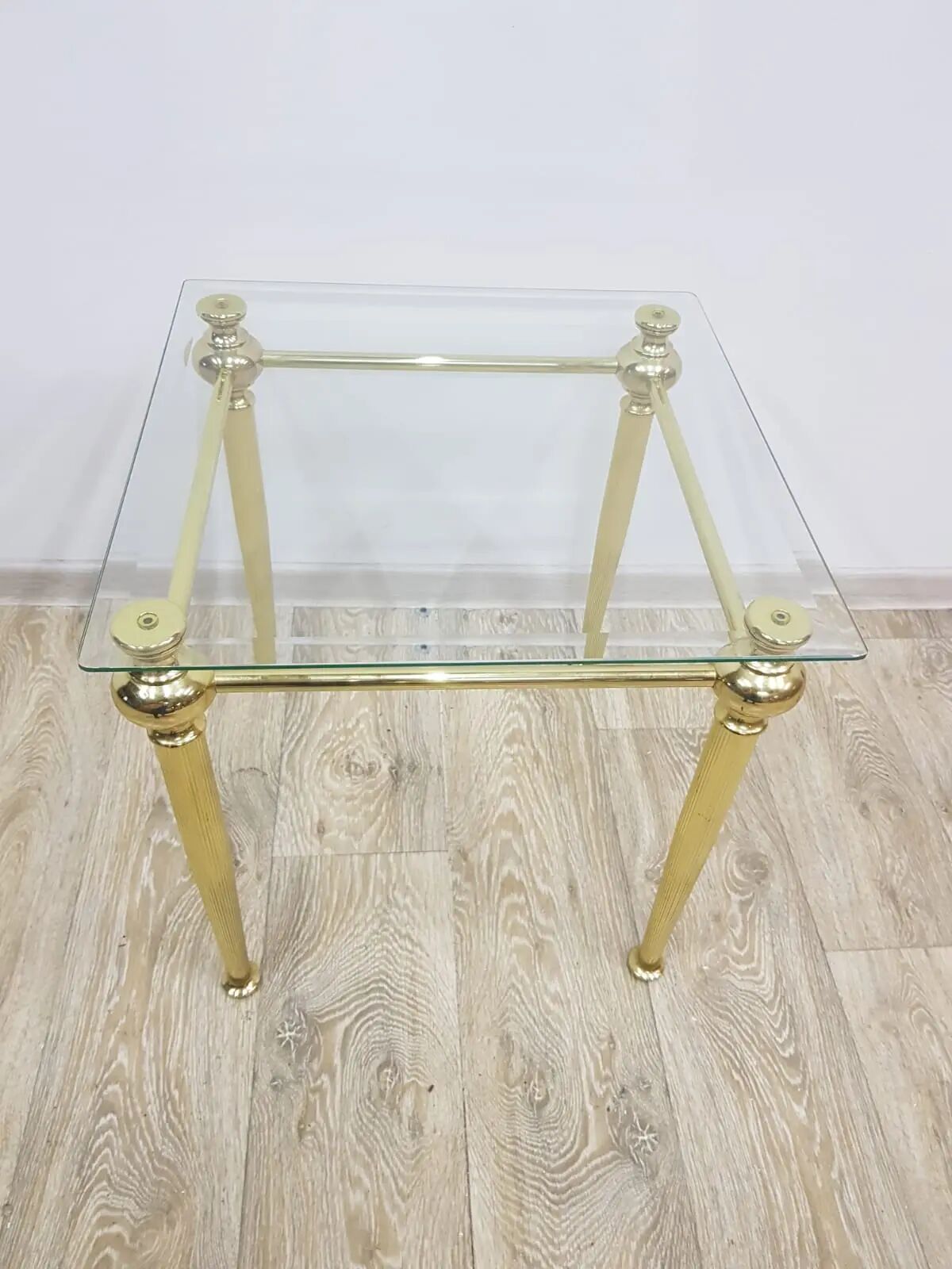 Side table, gold-tone brass, clear glass, France, 1960s.