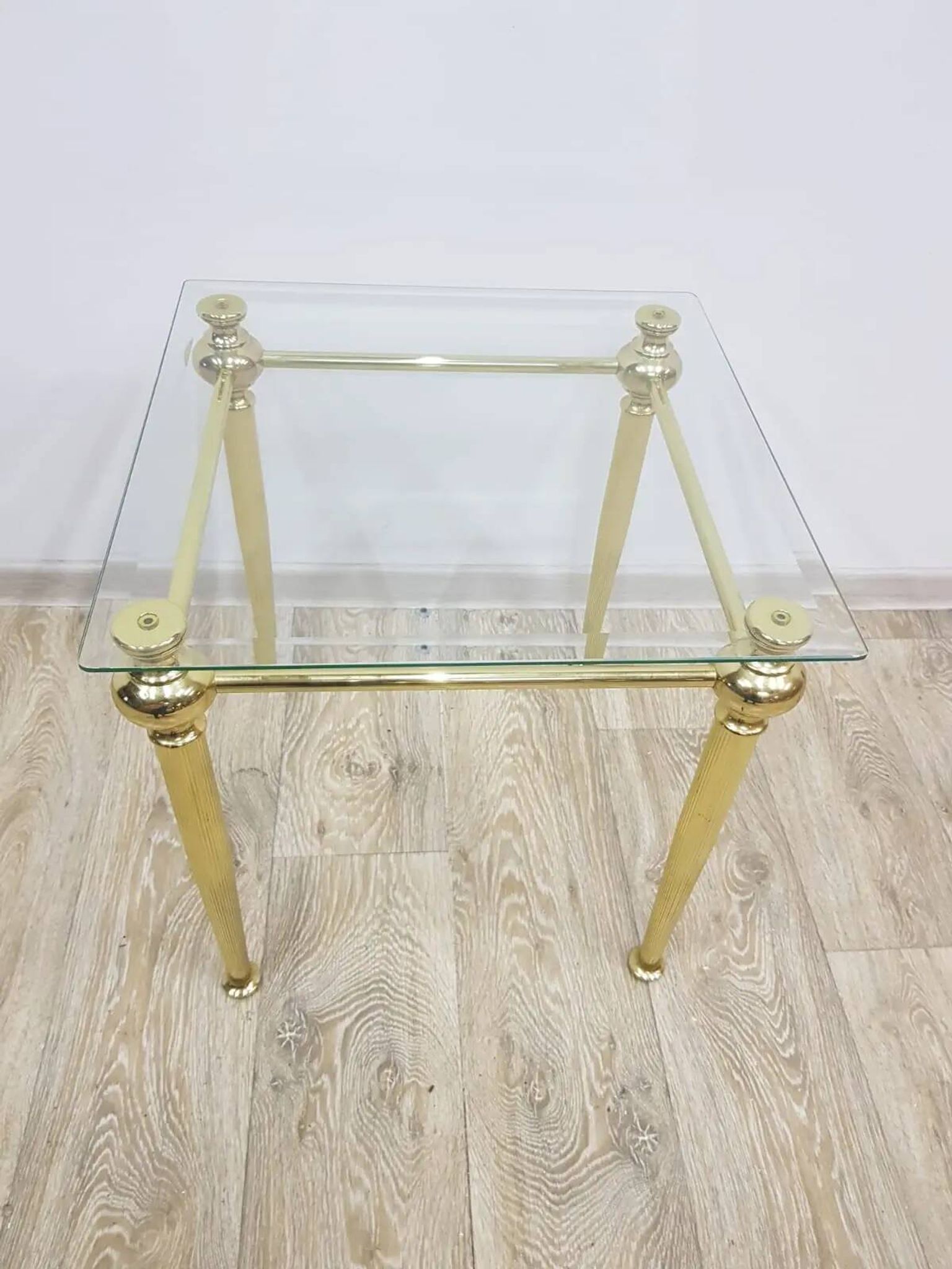 Side table, gold-tone brass, clear glass, France, 1960s.