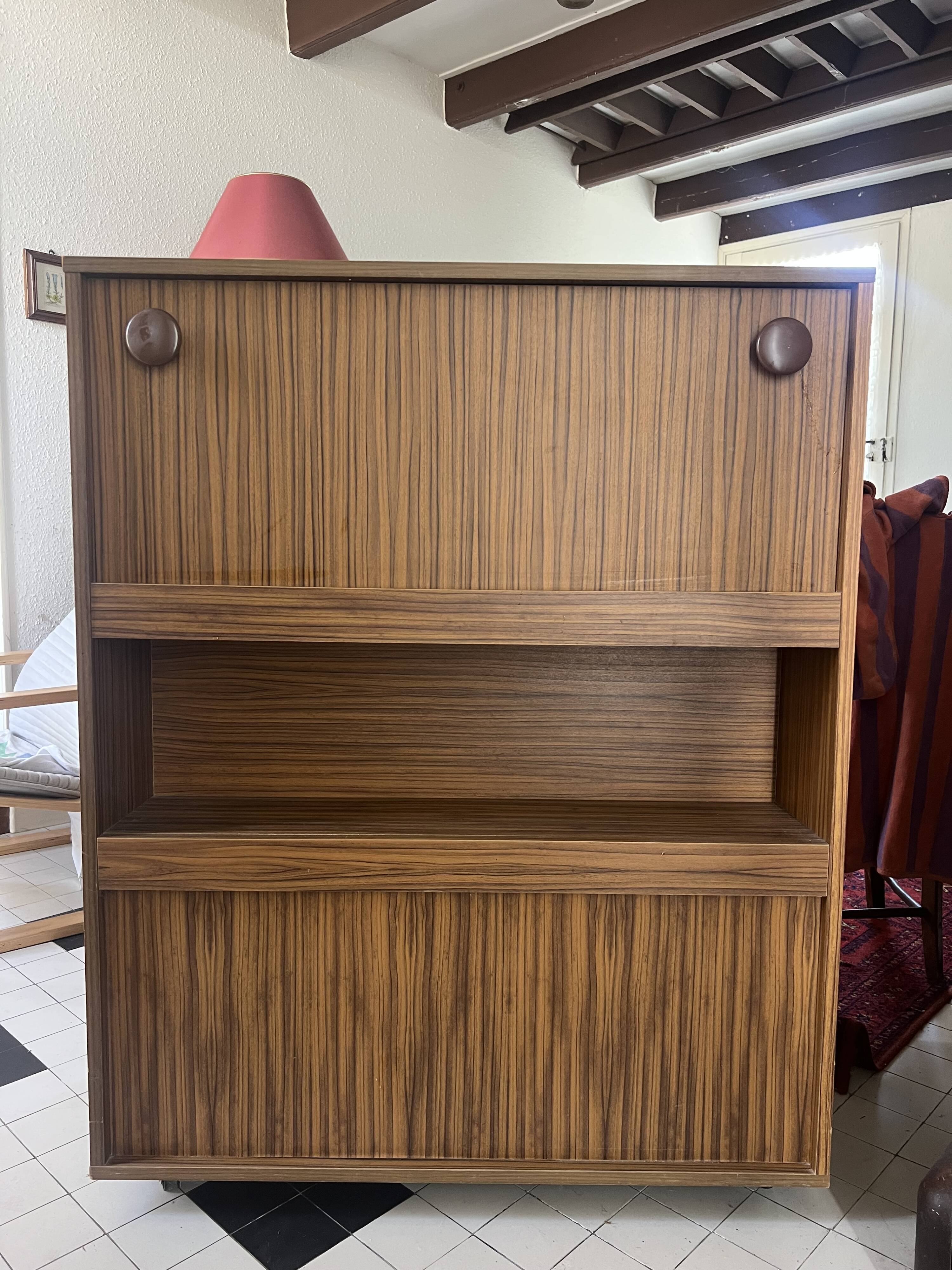 Vintage foldable bedside table in zebra wood – 1970s