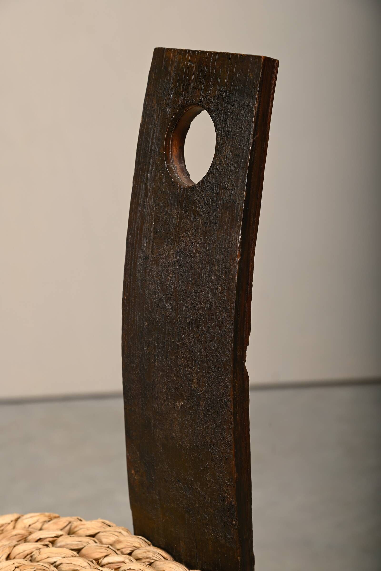 Fireplace Stool in Oak and Straw, France 1950s