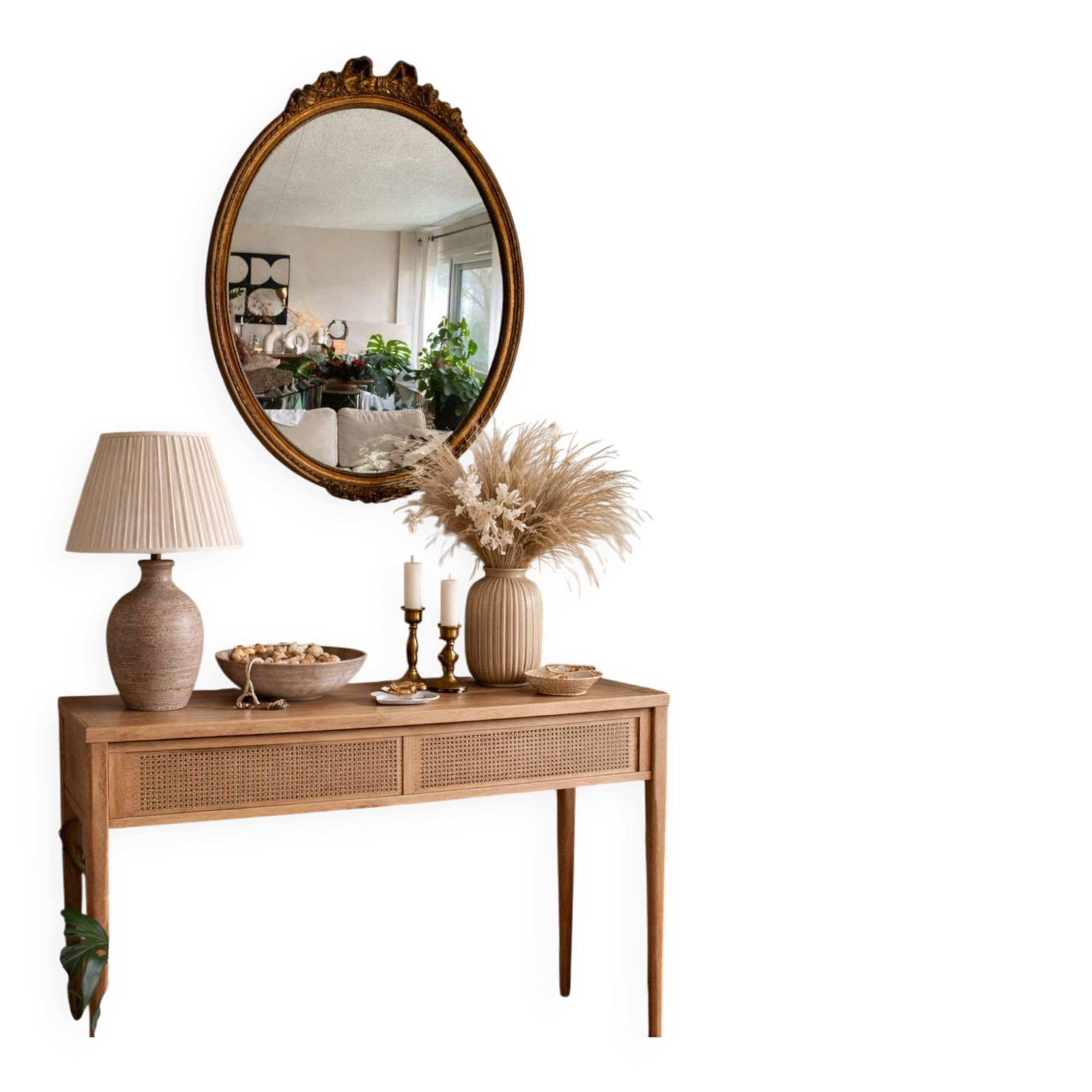 Antique oval mirror in Louis XVI style, gilded, with a bow pediment, 55cm.