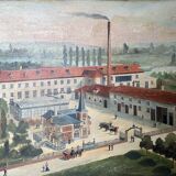 Tableau HST XIX° "Usine" Baccarat brasserie avec Serre, Pont Eiffel, Villa