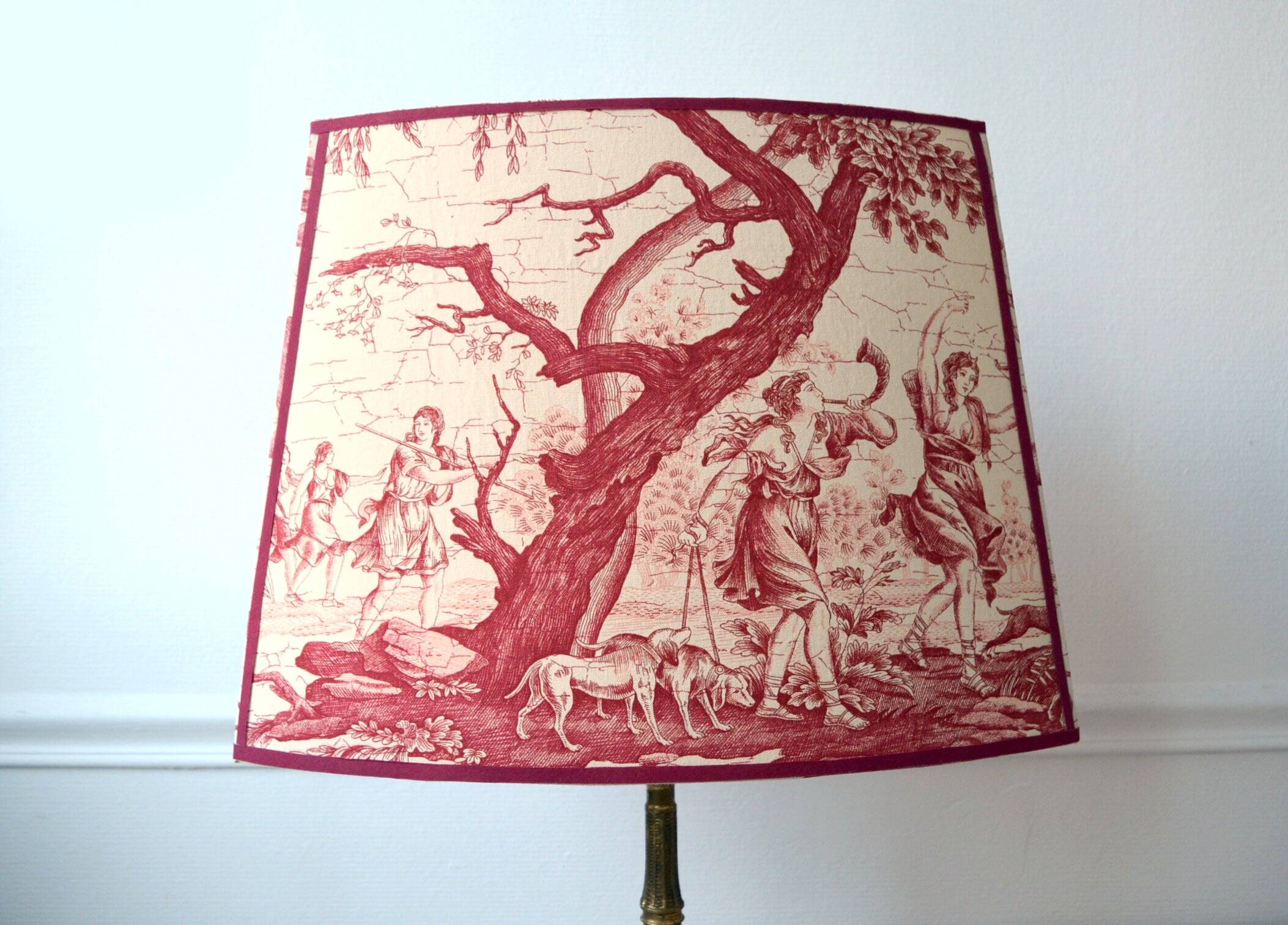 Red toile de Jouy fabric lampshade, Greek goddess Diana the huntress.