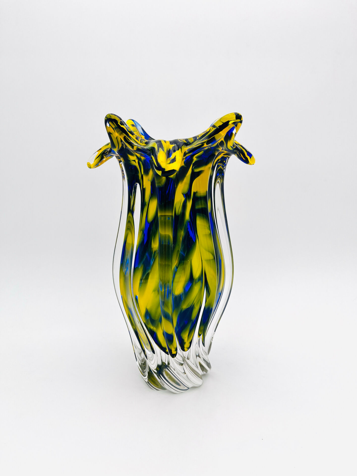 Vase Josef Hospodka Chřibská Macchia Blue Yellow Bohemian Glass 60s