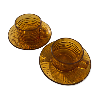 2 tasses à café et sous-tasses ambrées Véréco