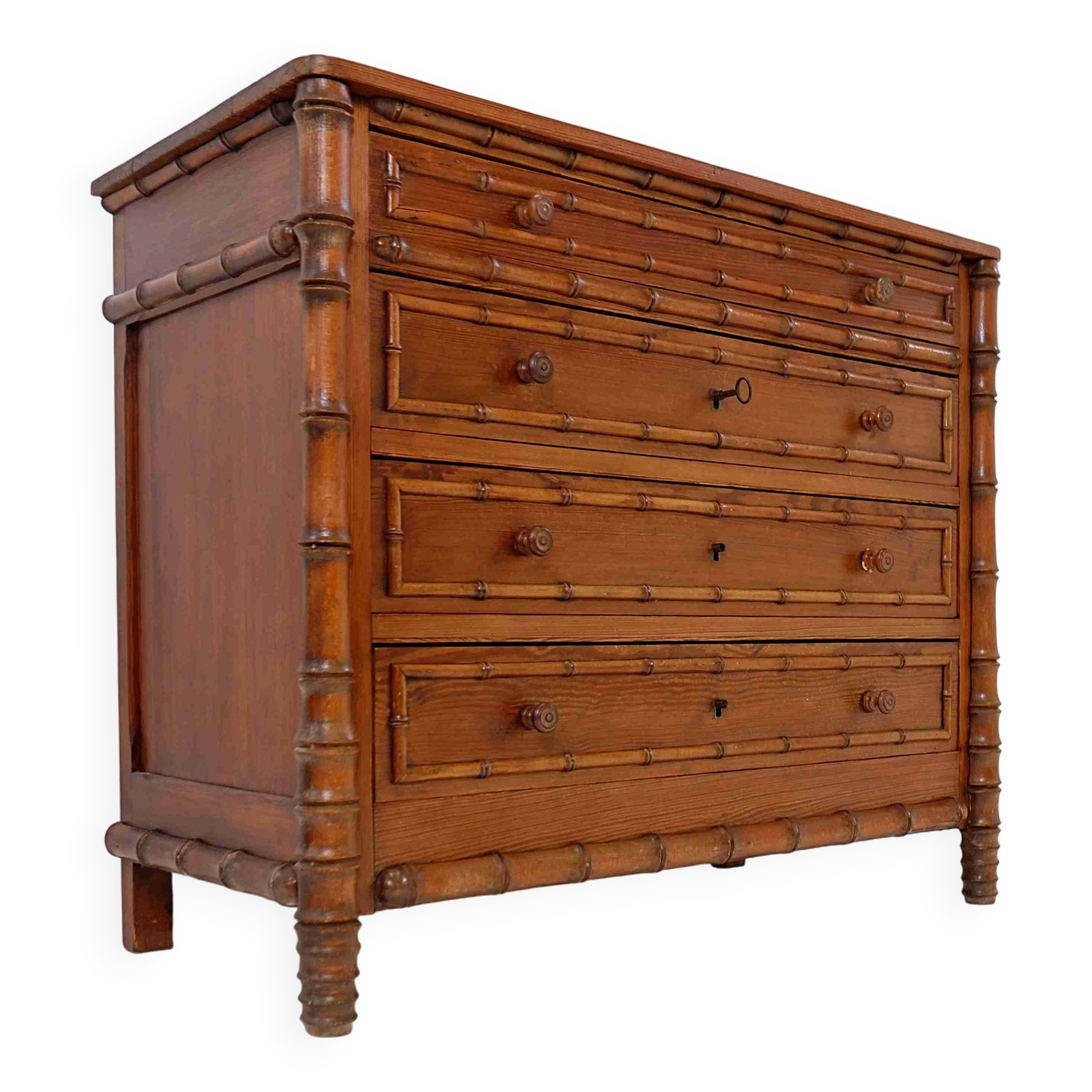 Faux Bamboo Dark Pine Chest of Drawers - Late 19th century