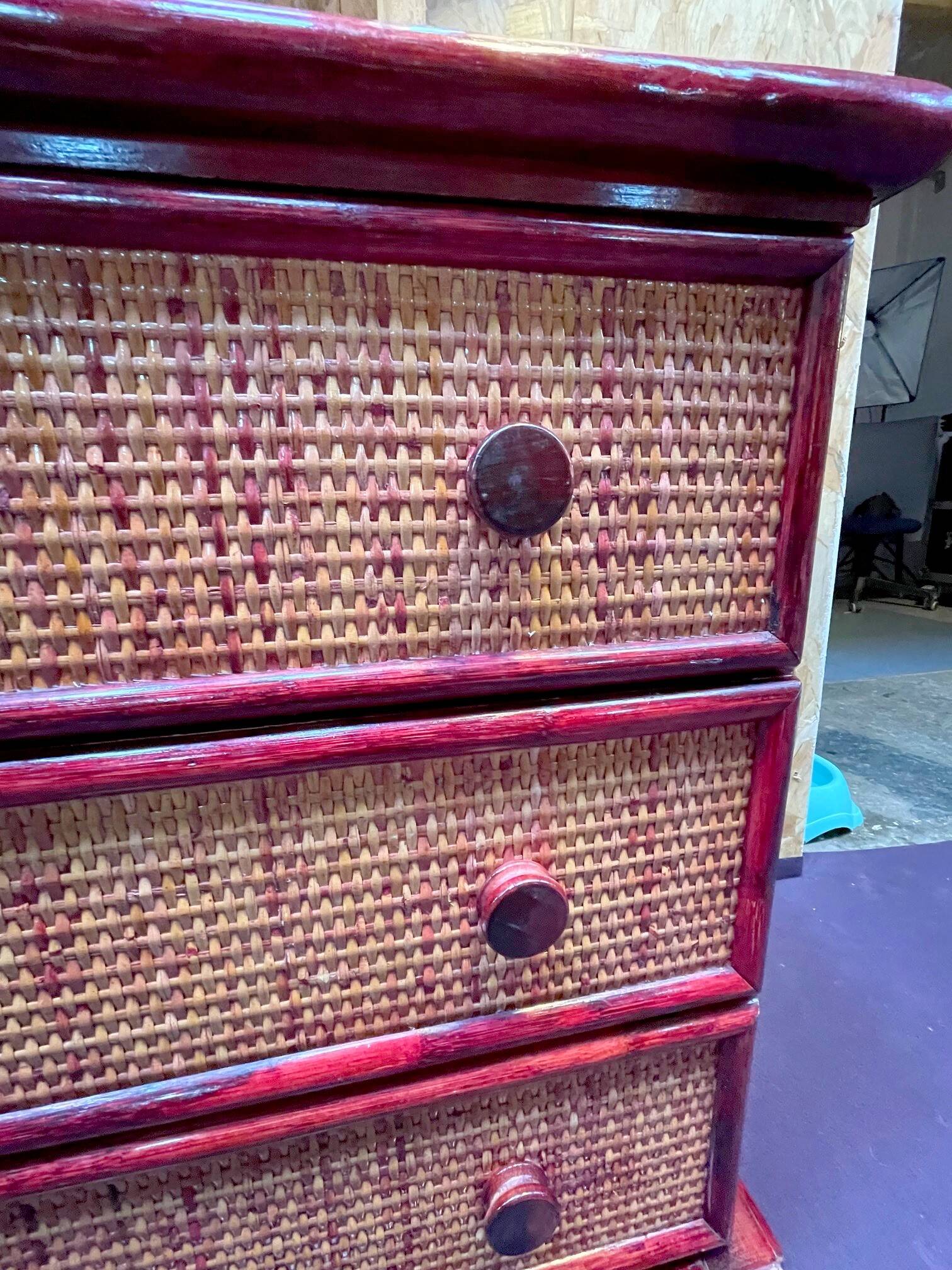 Wood and rattan commode Maugrion vintage 1980s