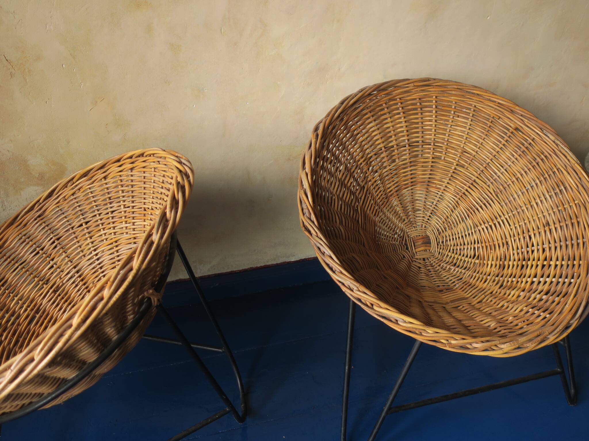 Pair of mid century bamboo and iron pod chairs, 1960s