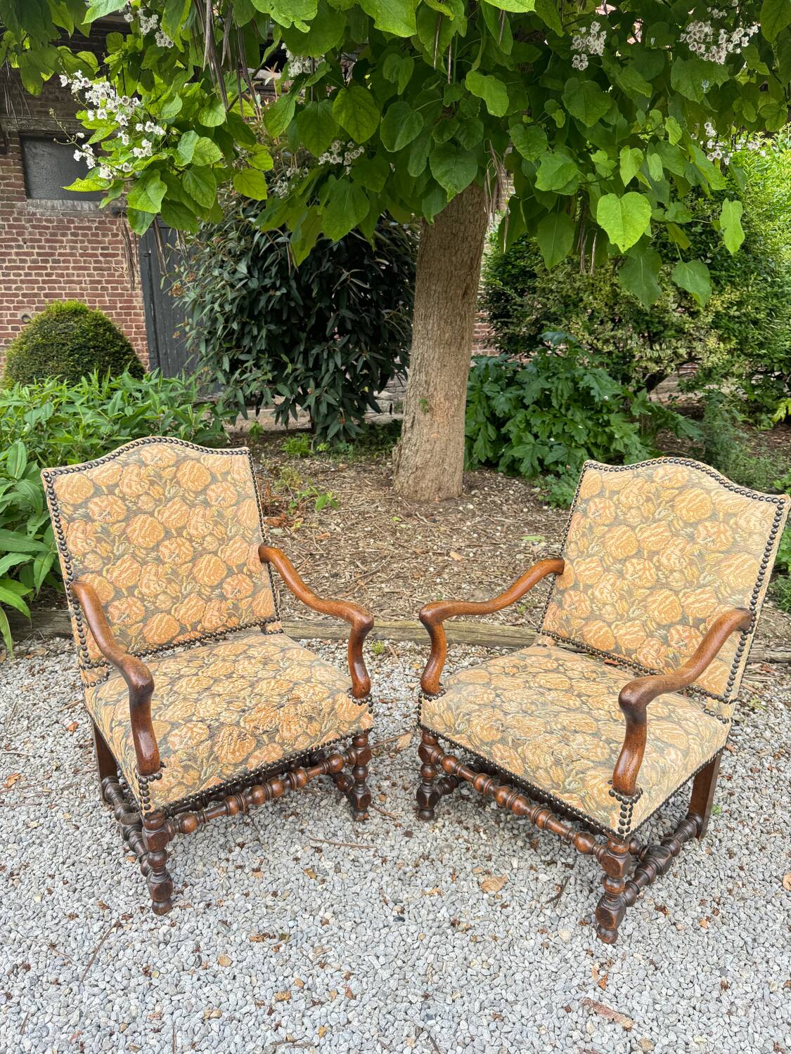 Pair of louis xiv period walnut armchairs, 17th century