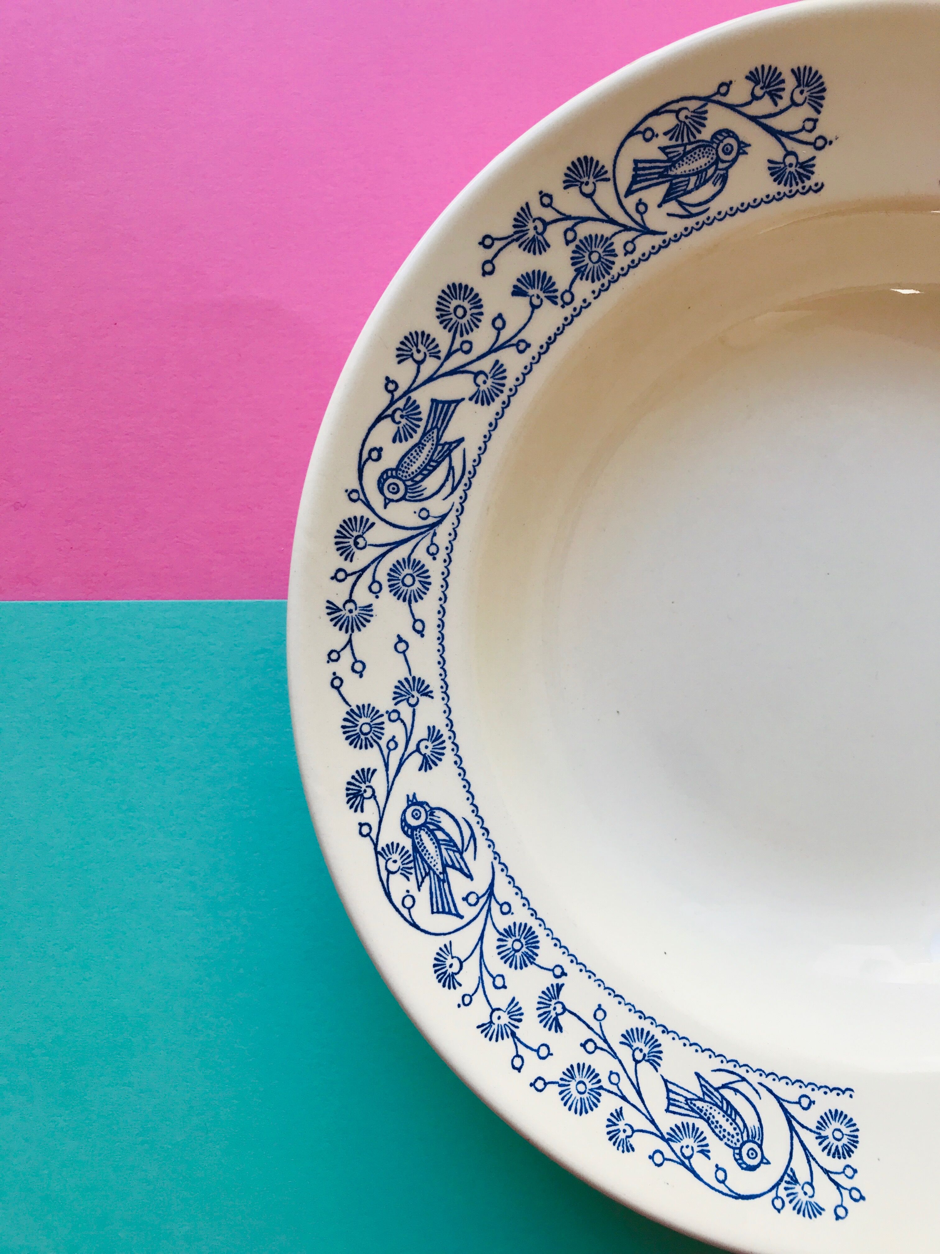 Hollow plate in faience pattern vintage blue bird j.v liex