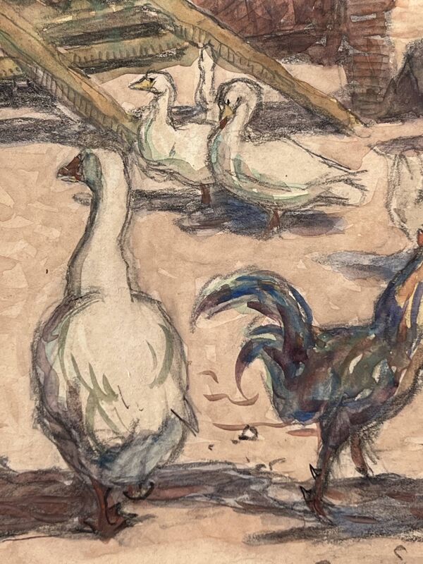 Aquarelle et crayon ''Le poulailler'' par A de Brou, 1926