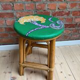 Tabouret vintage en rotin - tissu wax africain