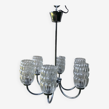 6-branched chrome chandelier & glass lampshades
