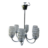 6-branched chrome chandelier & glass lampshades