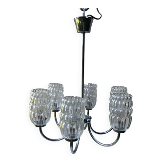 6-branched chrome chandelier & glass lampshades