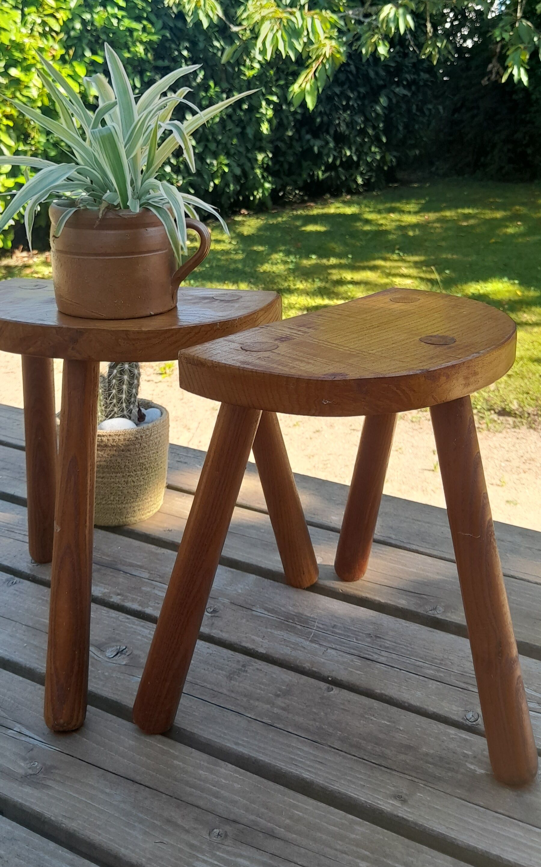 Duo of French half-moon farm stools tripod 60s