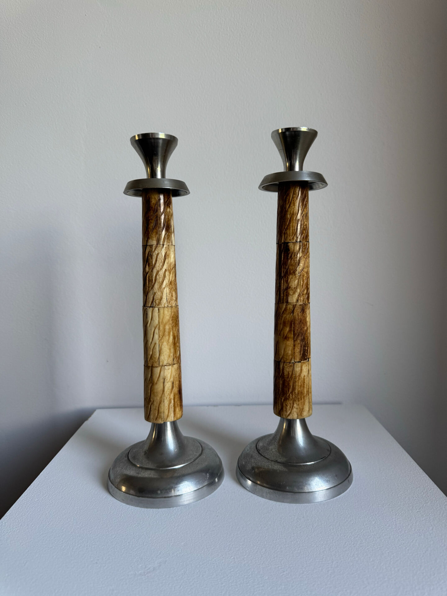 A Pair Of Vintage Mid Century Modern Metal With Faux Bone Candle Holde