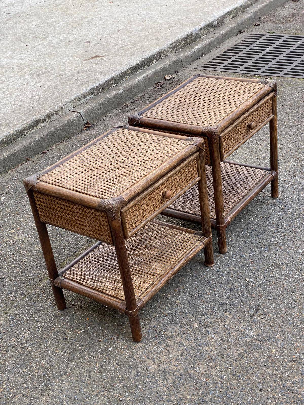 Pair of vintage bedside tables in rattan and caned wicker.