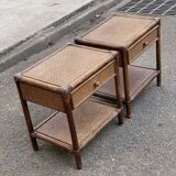 Pair of vintage bedside tables in rattan and caned wicker.