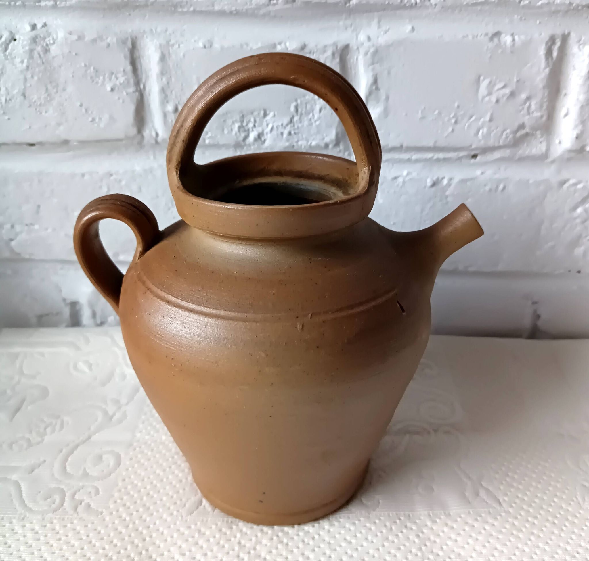 Vintage handmade brown glazed stoneware gargoulette.