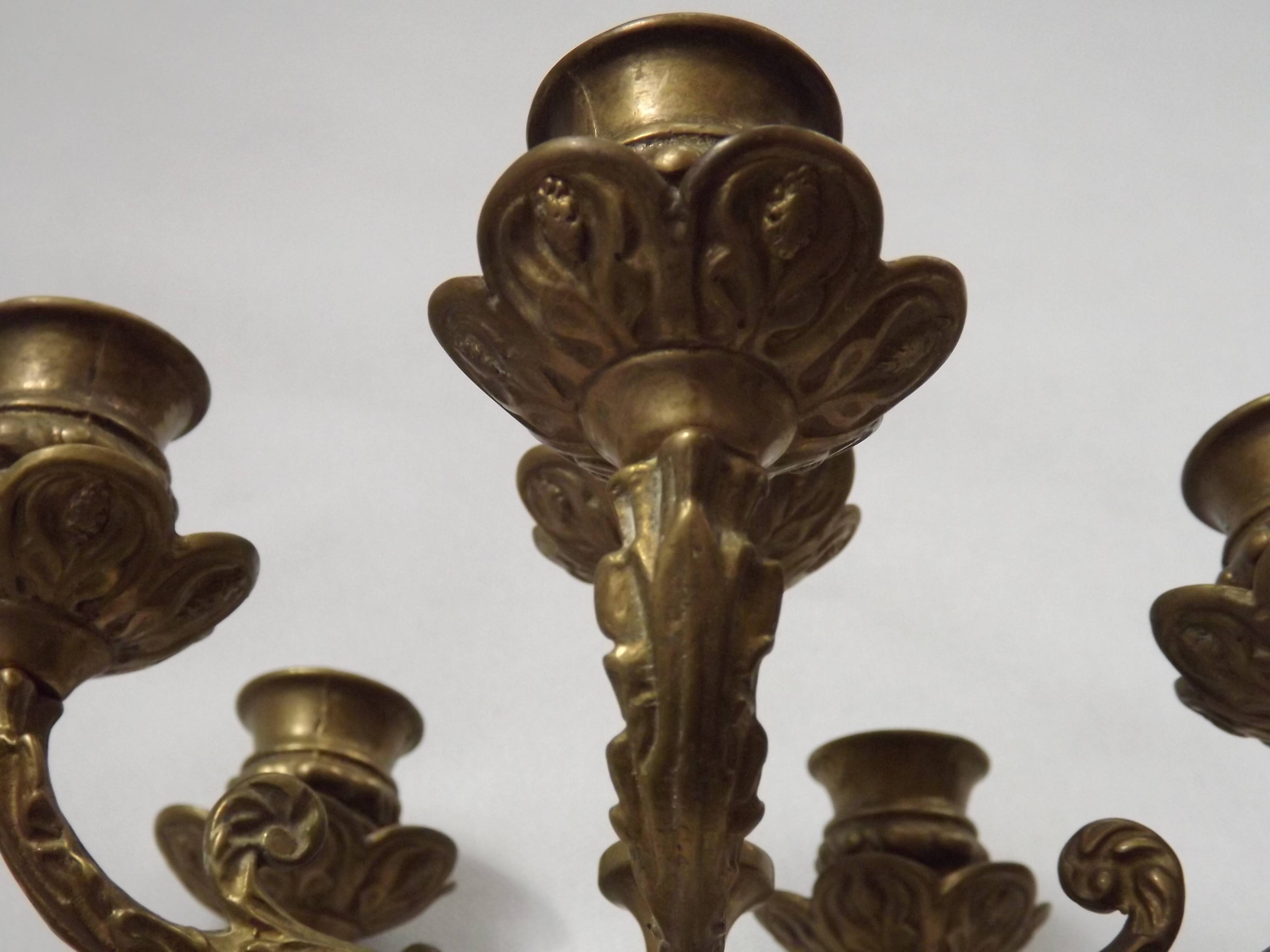 Pair Early 20th Century Rococo Revival Brass 5 Light Candle Wall Sconces