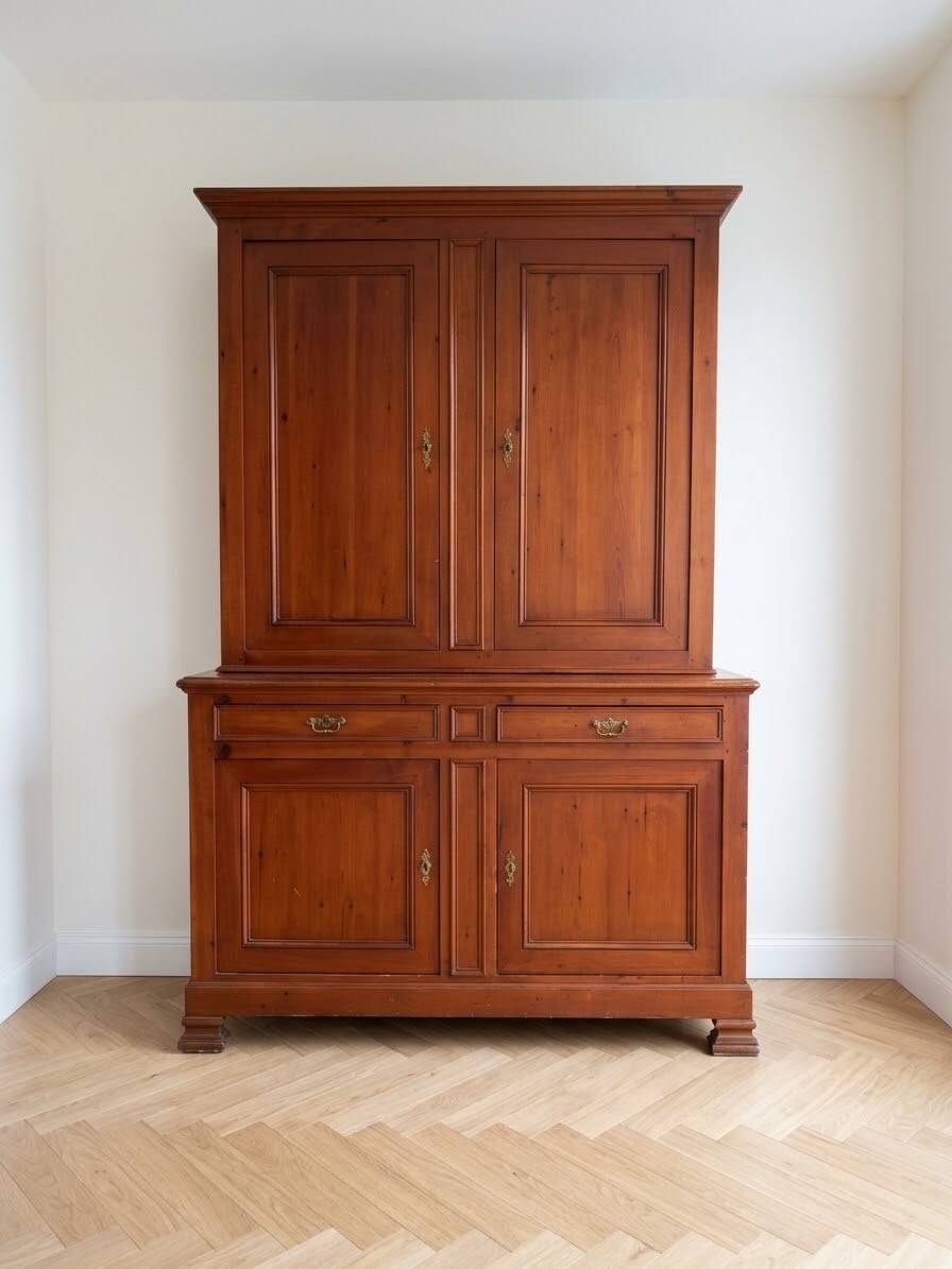 Antique solid wood sideboard with doors and drawers.