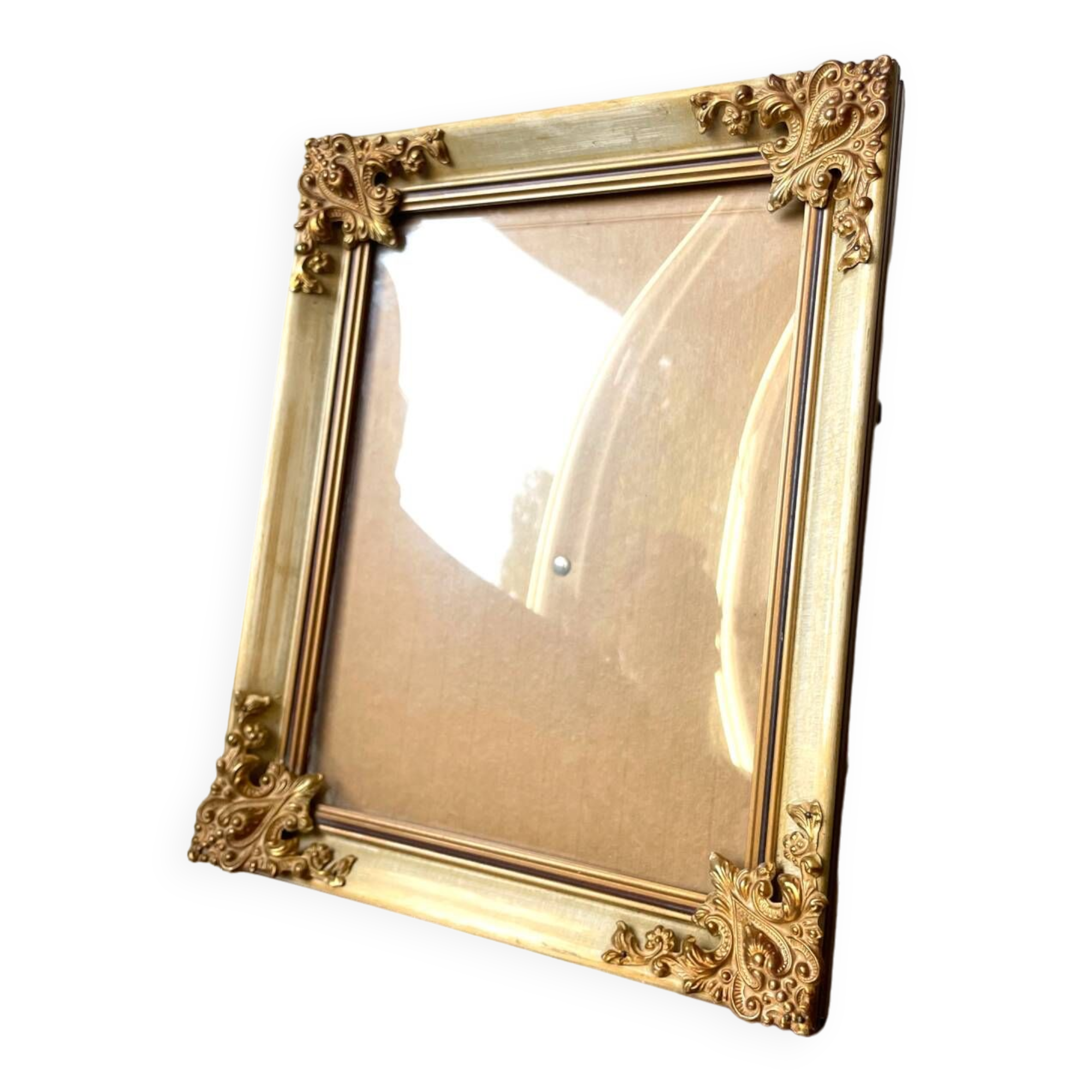 Antique wooden frame with metal gold colored details 28 cm x 22 cm convex glass