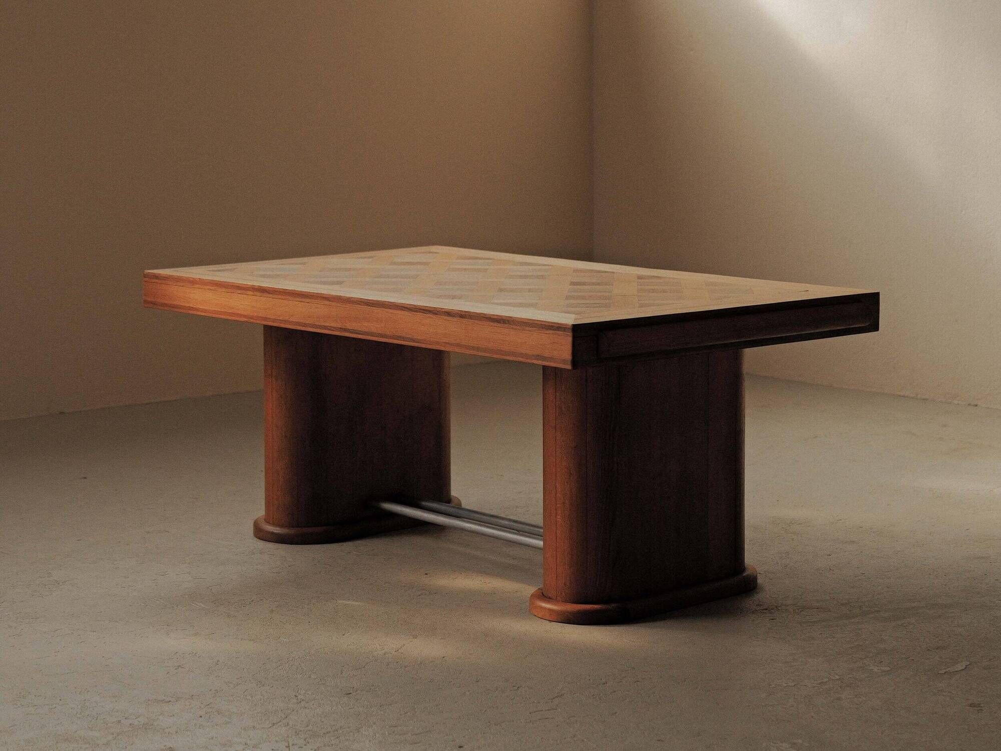 Art Deco table in oak and walnut with marquetry decoration, circa 1940.