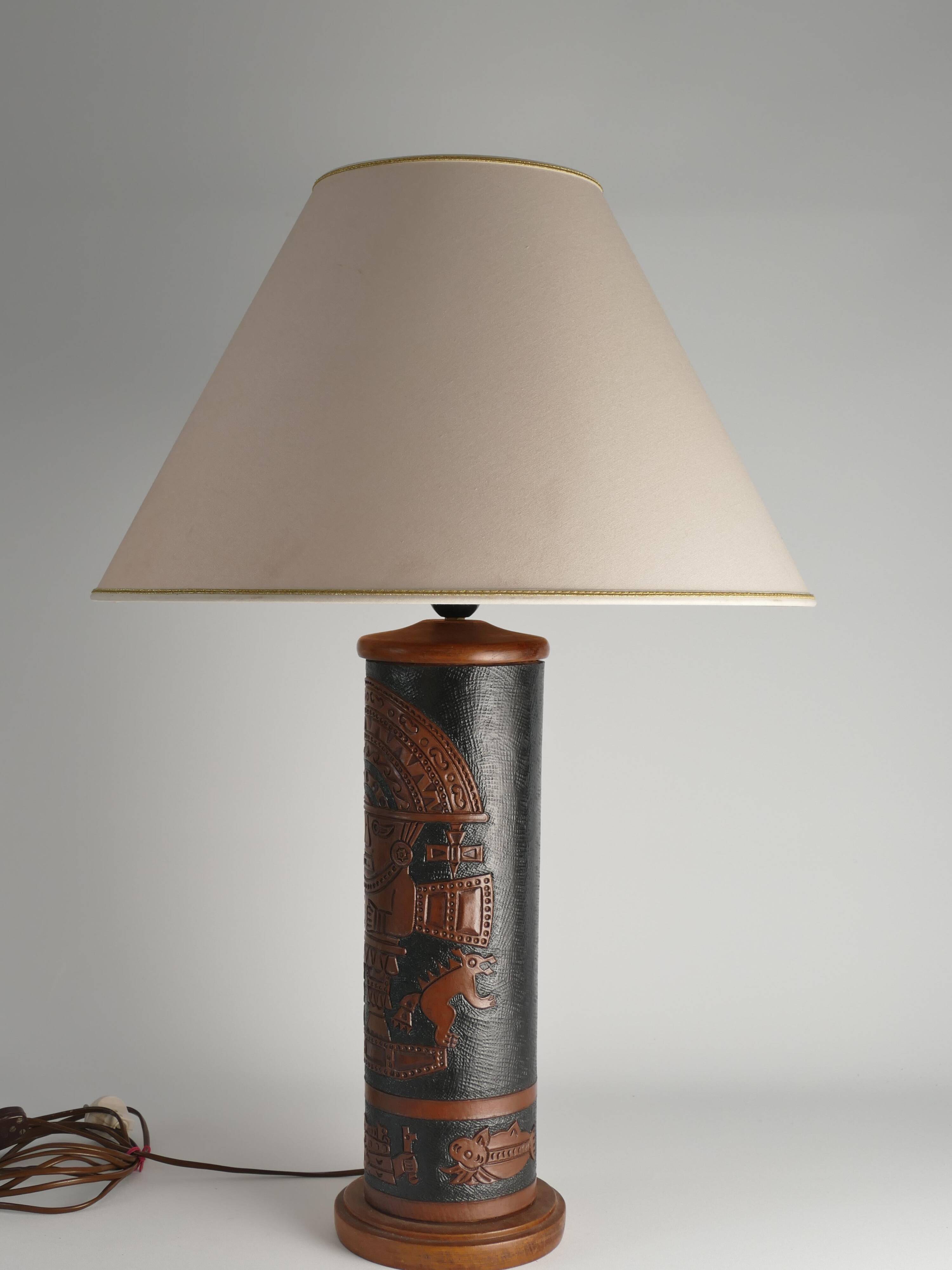 Mid-Century Modern Aztec Motif Hand Tooled Leather Table Lamp