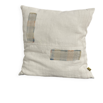 Square cushion in vintage fabric, woven kilim style, patched, monogram AB.