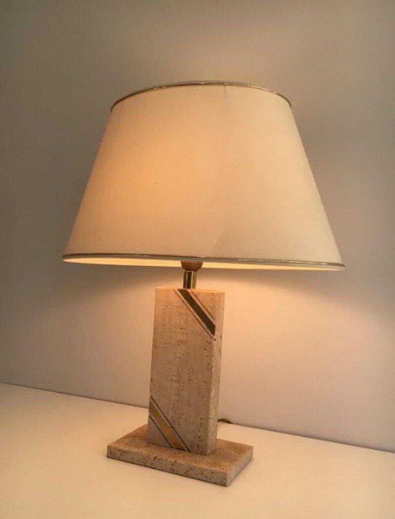 Travertine lamp with brass inlay