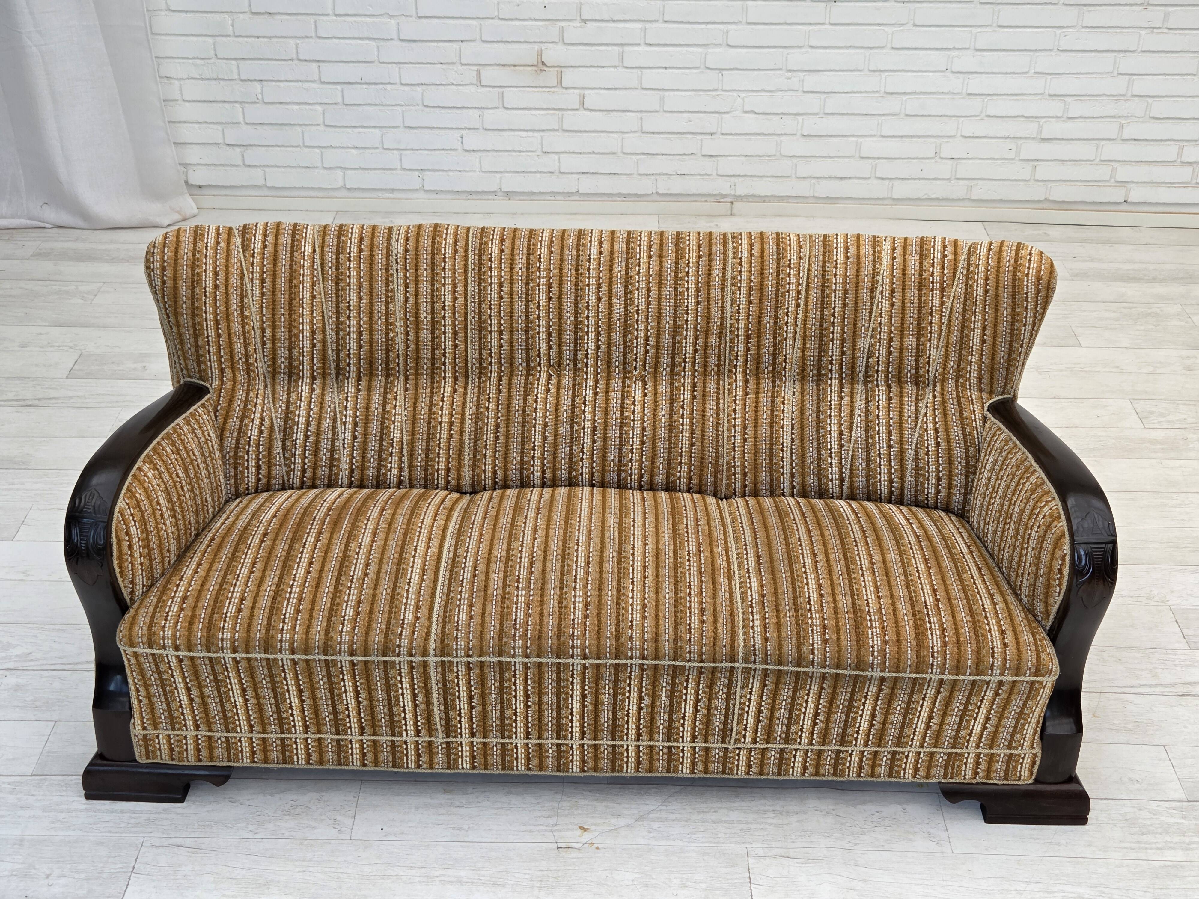 1960s, Danish 3-seater sofa, original, brown furniture wool, beech wood.