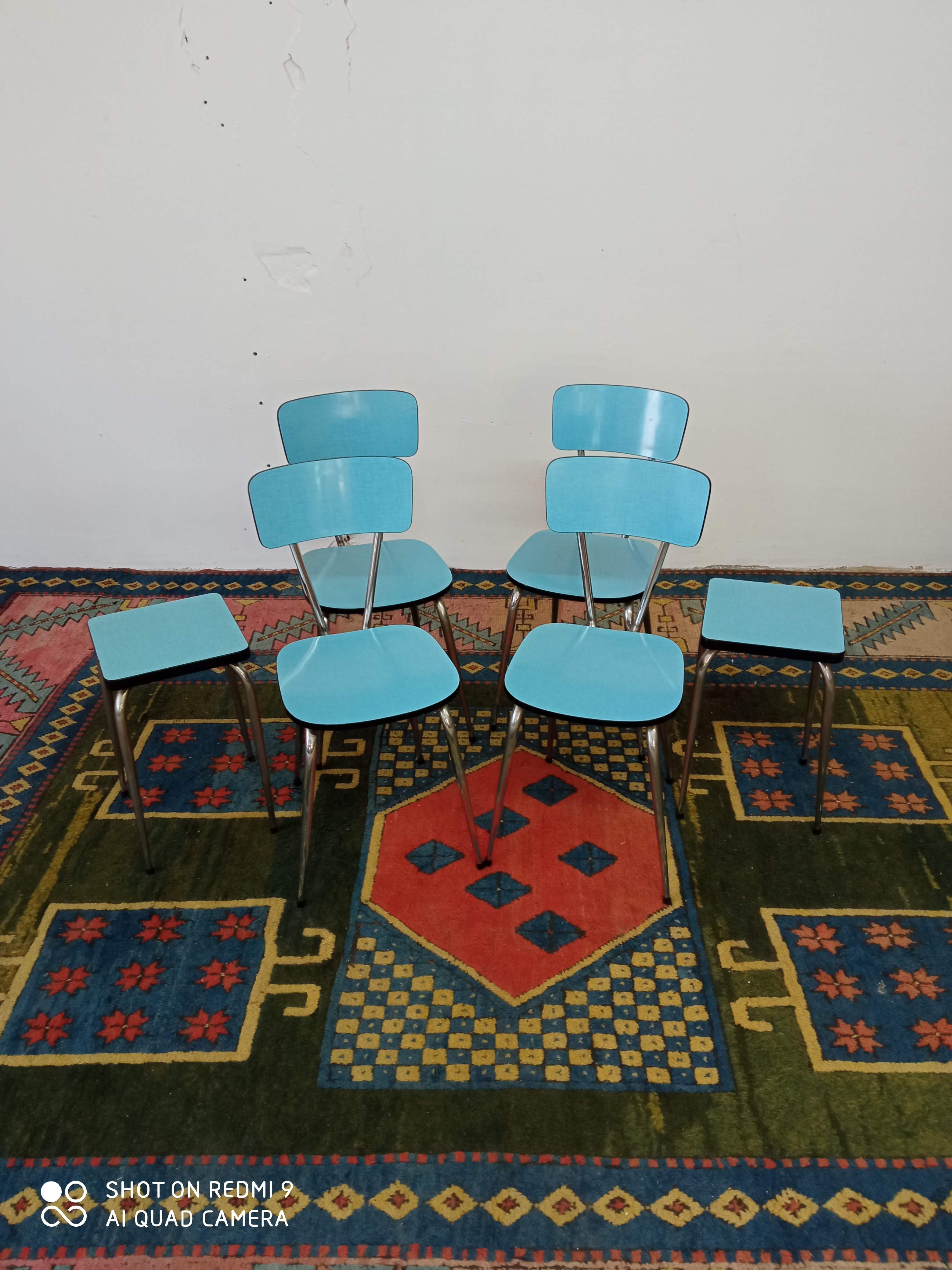 Blue formica chairs and stools