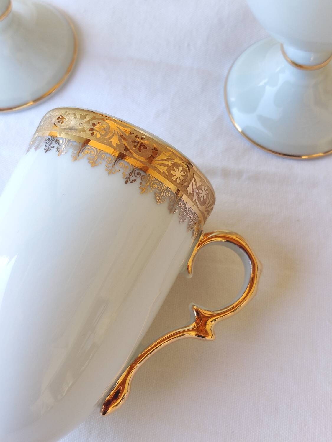 6 tall cups - Empire style - white and gold Limoges porcelain