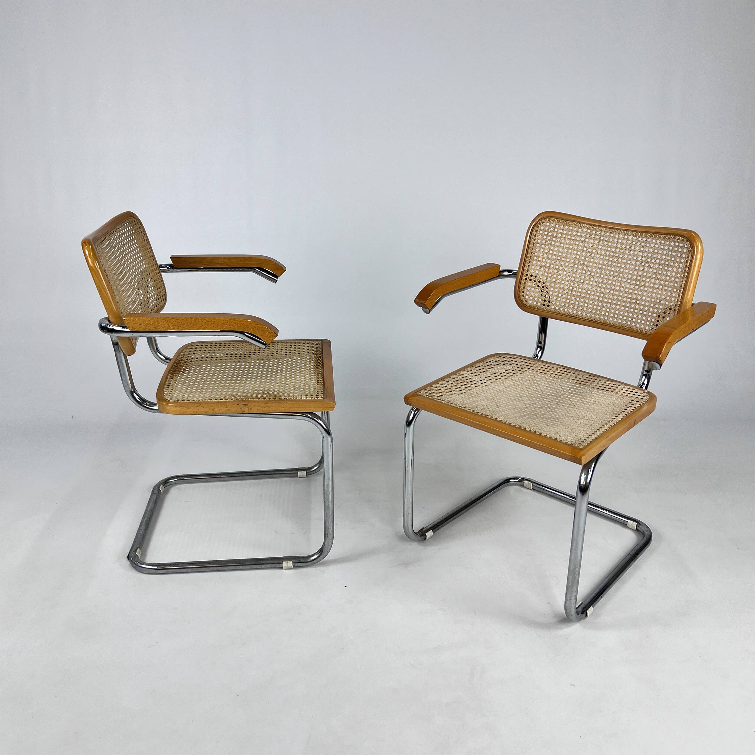 Set of 2 Tubular Frame and Cane Cantilever Arm chairs, Italy, 1970s