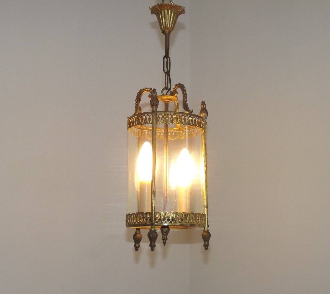 Vintage French Round Gold Metal and Brass 2 Light Lantern Ceiling Light 4724