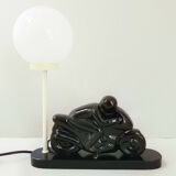 Vintage table lamp 1980 motorbike in black ceramic 80s 1980s
