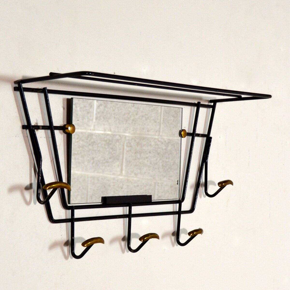 Black and gold brass wall-mounted coat rack / hat rack, 1950s